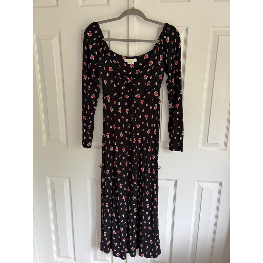 Boden Midi Dress 6P Black Floral Twist Front Sweetheart Coquette Y2K Romantic
